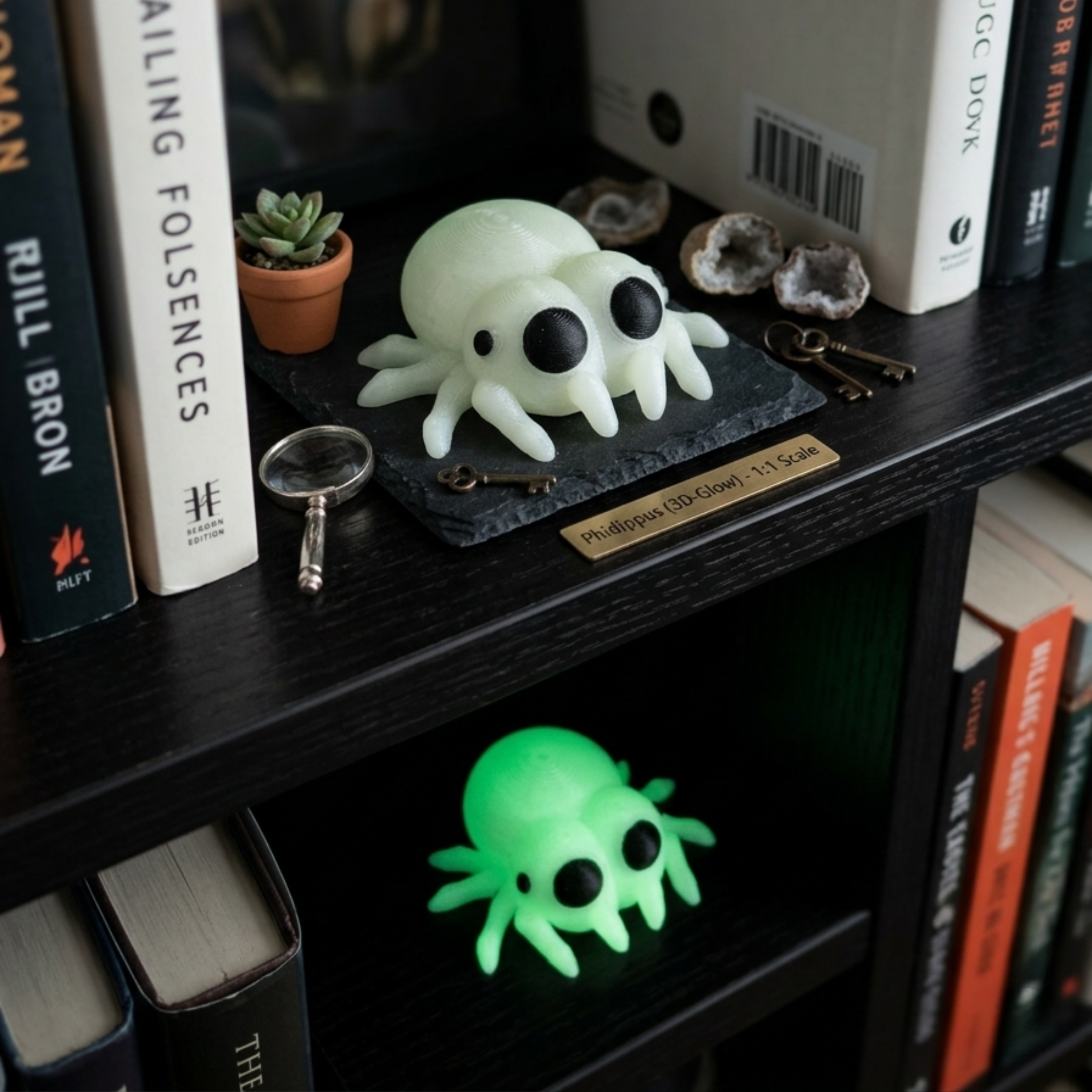 Glow-in-the-Dark Springspinne Figur im Bücherregal
